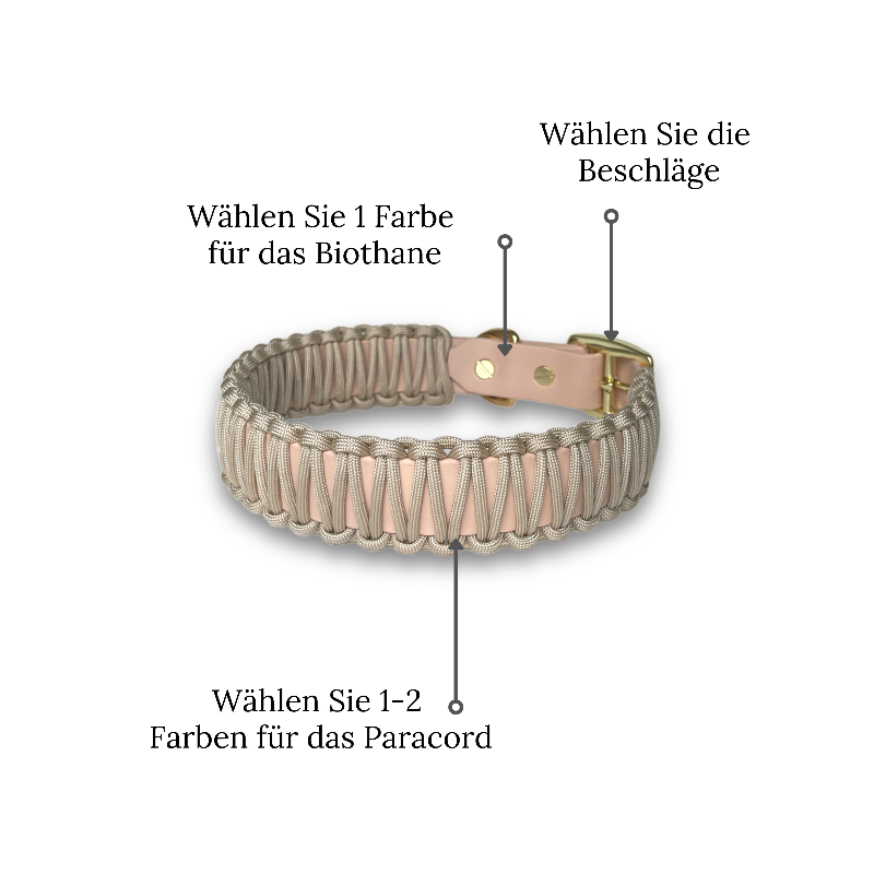 Robustes Biothane-Halsband „Fusion“ mit Paracord-Ummantelung. Individuell gestaltbar in bis zu 2 Farben, in 5 Breiten und verschiedenen Verschlüssen erhältlich. Ideal für aktive Hunde!