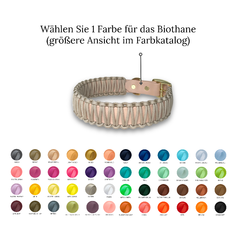 Robustes Biothane-Halsband „Fusion“ mit Paracord-Ummantelung. Individuell gestaltbar in bis zu 2 Farben, in 5 Breiten und verschiedenen Verschlüssen erhältlich. Ideal für aktive Hunde!