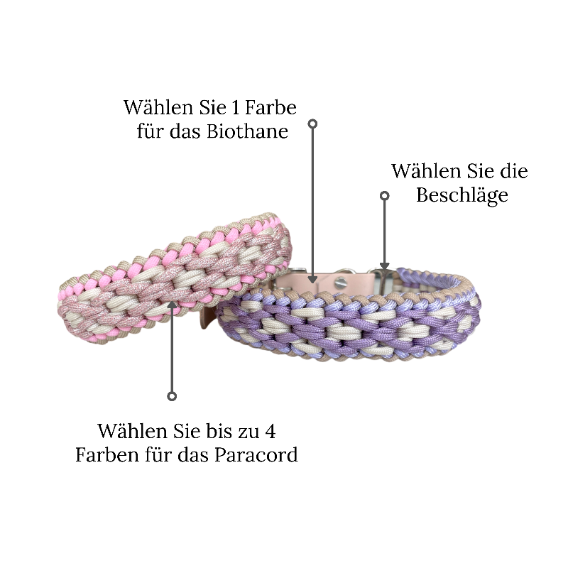 Individuell gestaltbares Halsband aus hochwertigem Paracord für Hunde. Wählen Sie Farben und Beschläge für ein einzigartiges, handgefertigtes Design.