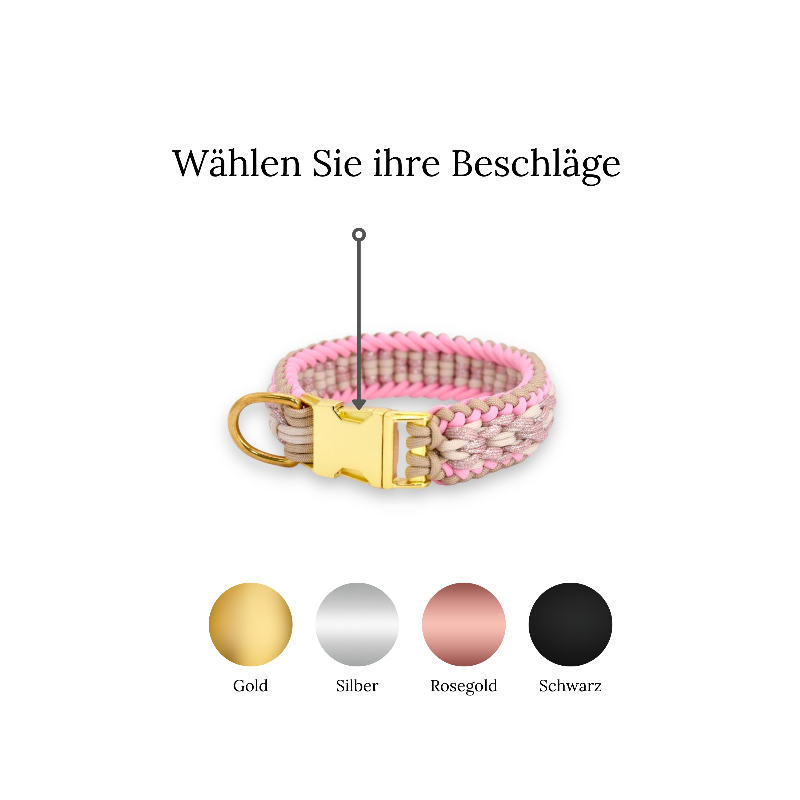 Individuell gestaltbares Halsband aus hochwertigem Paracord für Hunde. Wählen Sie Farben und Beschläge für ein einzigartiges, handgefertigtes Design.