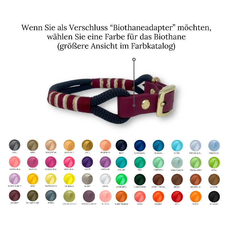 "Gestalten Sie das perfekte Tau Halsband für Ihren Hund mit unserem Konfigurator! Wählen Sie Farben, Takelung und Beschläge für ein individuelles, stilvolles Accessoire!"