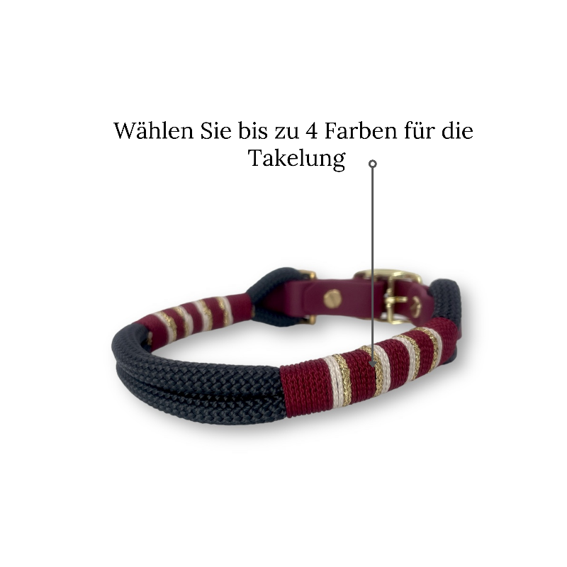 "Gestalten Sie das perfekte Tau Halsband für Ihren Hund mit unserem Konfigurator! Wählen Sie Farben, Takelung und Beschläge für ein individuelles, stilvolles Accessoire!"