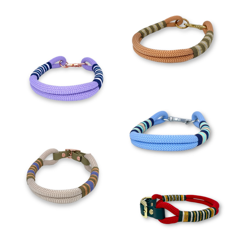 "Gestalten Sie das perfekte Tau Halsband für Ihren Hund mit unserem Konfigurator! Wählen Sie Farben, Takelung und Beschläge für ein individuelles, stilvolles Accessoire!"