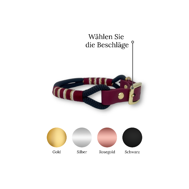 "Gestalten Sie das perfekte Tau Halsband für Ihren Hund mit unserem Konfigurator! Wählen Sie Farben, Takelung und Beschläge für ein individuelles, stilvolles Accessoire!"
